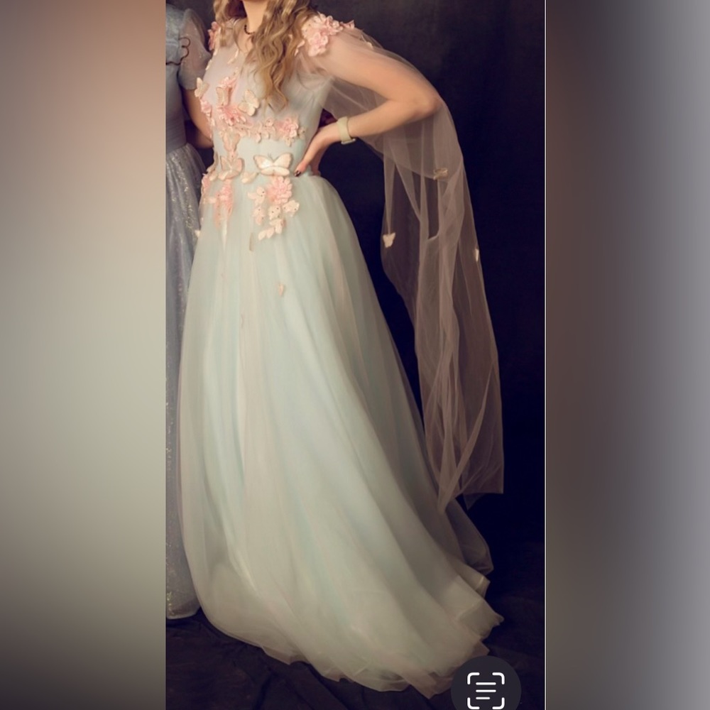 blue and pink butterfly flower garden ballgown prom dress